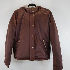 Express Burgundy/Brown Satin Faux Fur Trim Hooded Bomber Jacket Size M